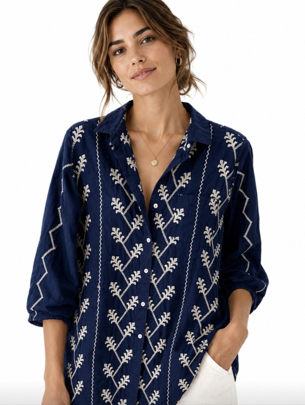 Julia Amory JA Husband Shirt In Blue White Embroidery